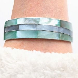 Vintage Ocean Blue Abalone Bangle Cuff Bracelet Beach Wedding Jewelry 8”